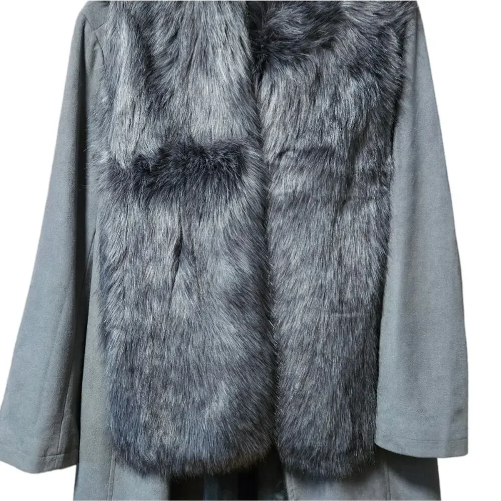 HALSTON Microfiber Zipper Coat with Matching Faux Fur Scarf Wrap